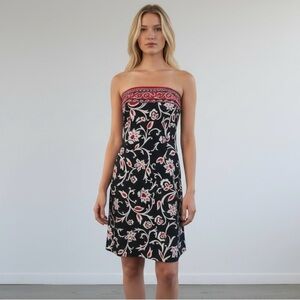 Laundry By Shelli Segal Silk Black White Red Floral Strapless Midi Sun Dress